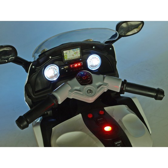 Silniční závodní motorka se dvěma motory, MP3, USB, TF, LED osvětlením a koženou sedačkou, BÍLÁ